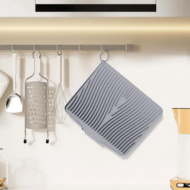 Alt view image 6 of 7 - Silicone Dish Drying Mat for Kitchen counter, 15.8"x13" Extra Large Non-Slip Drain Pad with Built-in Drainage, Heat Resistant Dishwasher Safe, Grey
