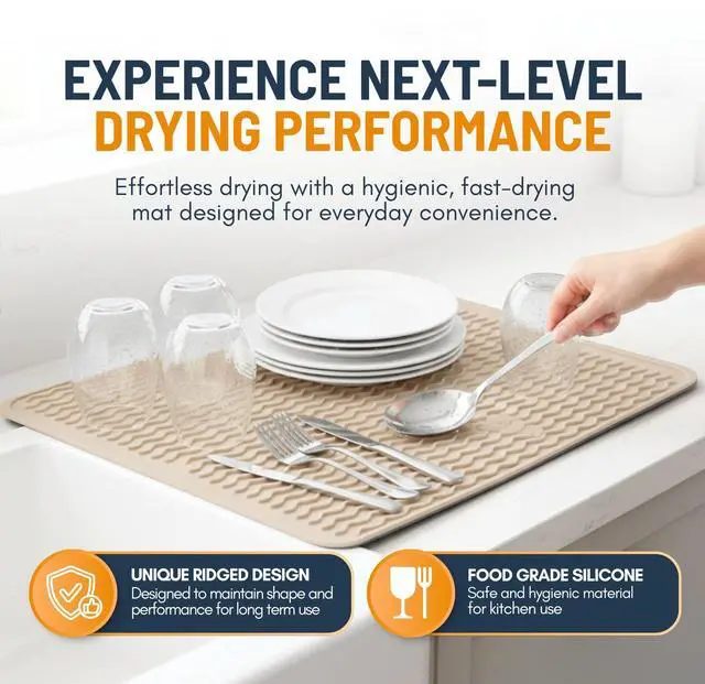 Alt view image 2 of 7 - Silicone Dish Drying Mat for Kitchen Counter - Multi-Use 16 x 12 Inch Pad, Non-Slip & Heat-Resistant, Perfect Dish Drainer Mat , Ideal Kitchen Accessory (Beige)