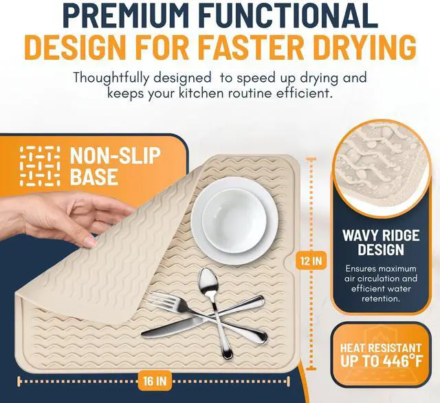 Alt view image 3 of 7 - Silicone Dish Drying Mat for Kitchen Counter - Multi-Use 16 x 12 Inch Pad, Non-Slip & Heat-Resistant, Perfect Dish Drainer Mat , Ideal Kitchen Accessory (Beige)