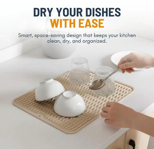 Alt view image 6 of 7 - Silicone Dish Drying Mat for Kitchen Counter - Multi-Use 16 x 12 Inch Pad, Non-Slip & Heat-Resistant, Perfect Dish Drainer Mat , Ideal Kitchen Accessory (Beige)