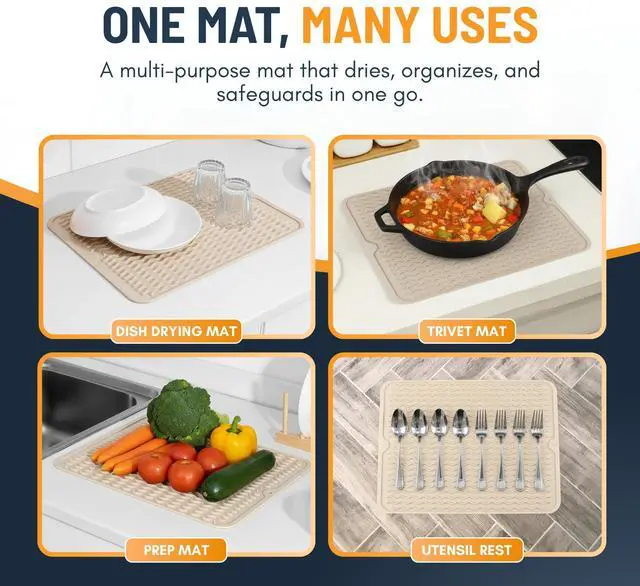 Alt view image 7 of 7 - Silicone Dish Drying Mat for Kitchen Counter - Multi-Use 16 x 12 Inch Pad, Non-Slip & Heat-Resistant, Perfect Dish Drainer Mat , Ideal Kitchen Accessory (Beige)