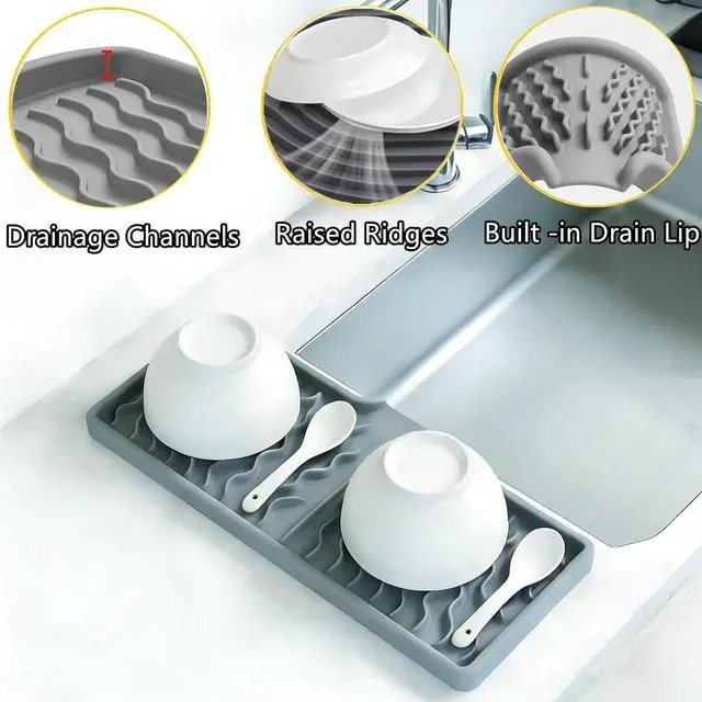 Alt view image 3 of 7 - Dish Drying Mat, Silicone Dish Drying Mat for Kitchen Counter, Drainer Pad with Built-in Drain, Non-Slip, Heat Resistant Draining Pad (Black, 10" x 5.5")