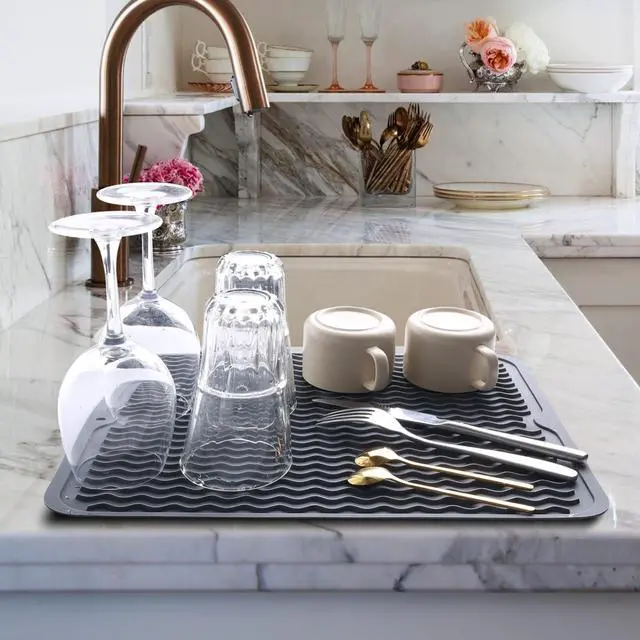 Alt view image 2 of 7 - Silicone Dish Drying Mat - 2 Packs of Non-Slip Silicone Mat Easy Clean Drying Mat Large Heat-Resistant Dish Drainer Mat for Kitchen Counter, Sink, Refrigerator or Drawer Liner(16"x12", 12''x 6'' GREY)