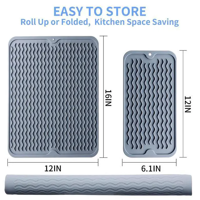 Alt view image 3 of 7 - Silicone Dish Drying Mat - 2 Packs of Non-Slip Silicone Mat Easy Clean Drying Mat Large Heat-Resistant Dish Drainer Mat for Kitchen Counter, Sink, Refrigerator or Drawer Liner(16"x12", 12''x 6'' GREY)