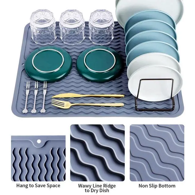 Alt view image 4 of 7 - Silicone Dish Drying Mat - 2 Packs of Non-Slip Silicone Mat Easy Clean Drying Mat Large Heat-Resistant Dish Drainer Mat for Kitchen Counter, Sink, Refrigerator or Drawer Liner(16"x12", 12''x 6'' GREY)
