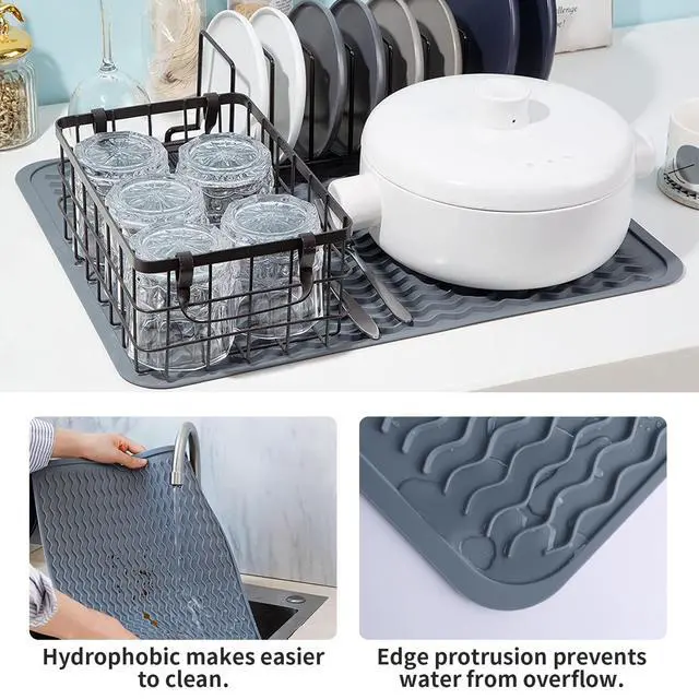 Alt view image 6 of 7 - Silicone Dish Drying Mat - 2 Packs of Non-Slip Silicone Mat Easy Clean Drying Mat Large Heat-Resistant Dish Drainer Mat for Kitchen Counter, Sink, Refrigerator or Drawer Liner(16"x12", 12''x 6'' GREY)