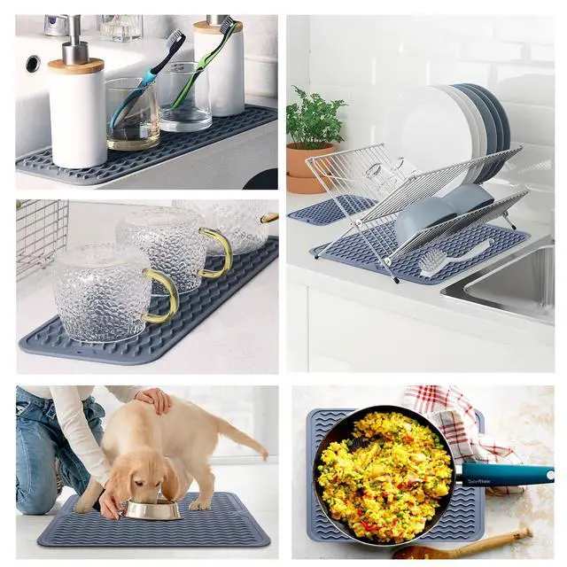 Alt view image 7 of 7 - Silicone Dish Drying Mat - 2 Packs of Non-Slip Silicone Mat Easy Clean Drying Mat Large Heat-Resistant Dish Drainer Mat for Kitchen Counter, Sink, Refrigerator or Drawer Liner(16"x12", 12''x 6'' GREY)