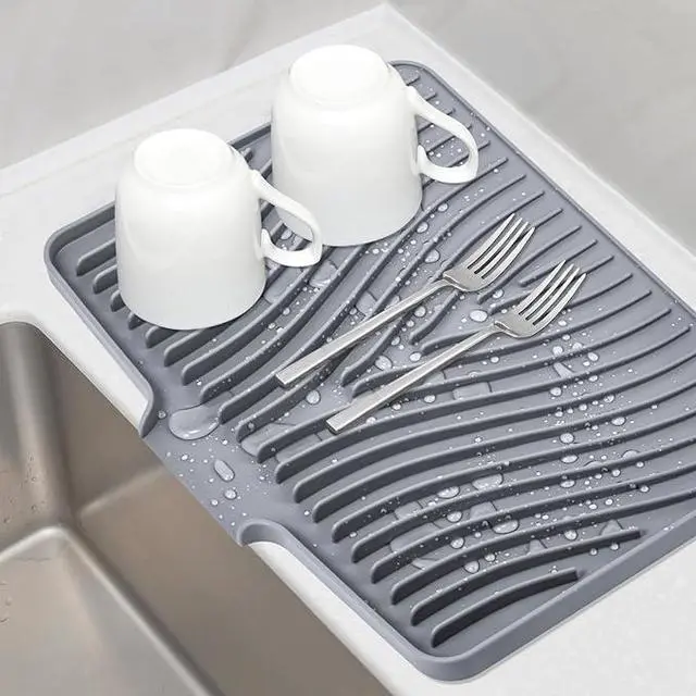 Main image of Silicone Dish Drying Mat for Kitchen Counter - Heat Resistant & Non-Slip Dish Drain Pad with Built-In Drain, Dishwasher Safe, Quick-Dry, Hangable & Roll-Up for Storage, Grey-1pcs, 16" x 12"