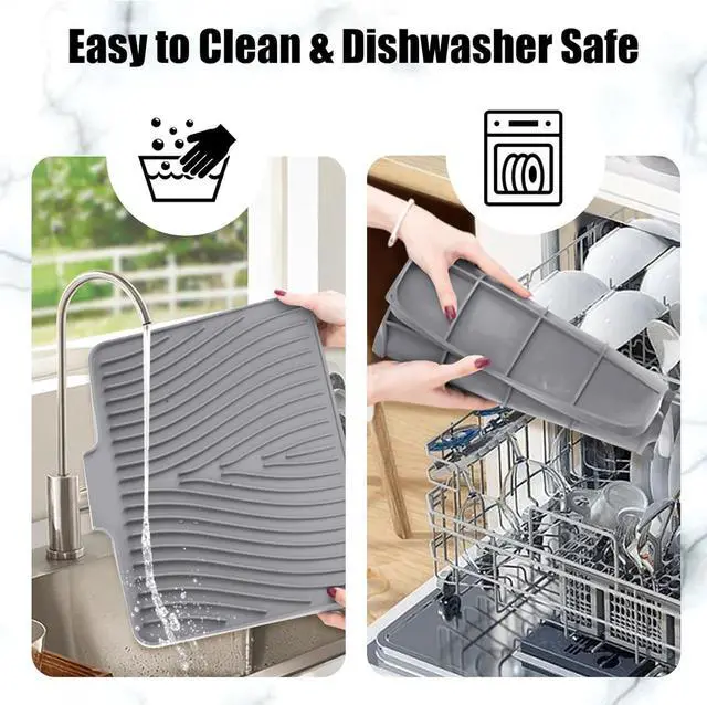 Alt view image 4 of 5 - Silicone Dish Drying Mat for Kitchen Counter - Heat Resistant & Non-Slip Dish Drain Pad with Built-In Drain, Dishwasher Safe, Quick-Dry, Hangable & Roll-Up for Storage, Grey-1pcs, 16" x 12"