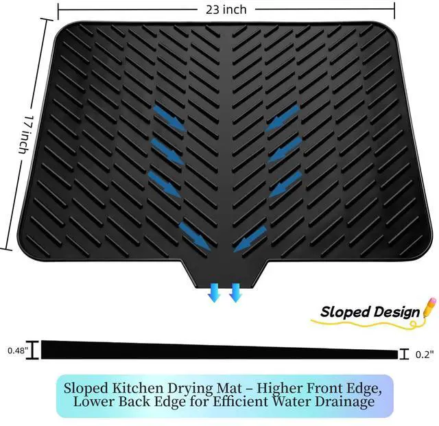 Alt view image 2 of 7 - Silicone Drying Mat, 23"X17" With Built-in Drain Lip,Heat-Resistant,Eco-friendly,Hygienic Drying Pad,Leak-Proof and Non-Slip,Silicone Dish Drying Mat for Kitchen Counter or SinkBlack 23X17