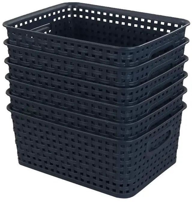 Main image of Plastic Weave Storage Baskets for Kitchen Bathroom, Navy Blue, 6 Packs