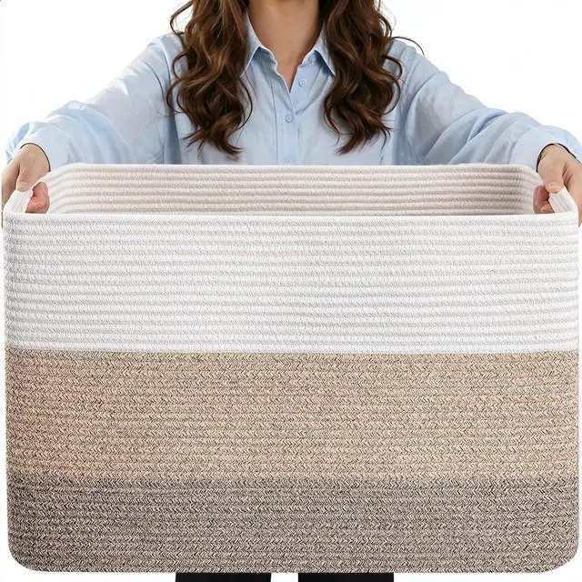 Main image of 75L Large Woven Storage Basket, Cotton Rope Laundry Hamper with Handles, 22x17x12 Rectangle Blanket Basket for Toys, Clothes, Pillows, Nursery and Living Room, Gradient Brown/White