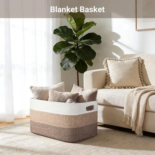 Alt view image 3 of 7 - 75L Large Woven Storage Basket, Cotton Rope Laundry Hamper with Handles, 22x17x12 Rectangle Blanket Basket for Toys, Clothes, Pillows, Nursery and Living Room, Gradient Brown/White