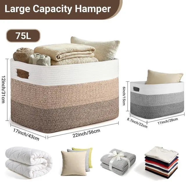 Alt view image 2 of 7 - 75L Large Woven Storage Basket, Cotton Rope Laundry Hamper with Handles, 22x17x12 Rectangle Blanket Basket for Toys, Clothes, Pillows, Nursery and Living Room, Gradient Brown/White