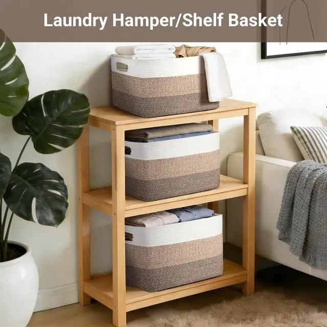 Alt view image 5 of 7 - 75L Large Woven Storage Basket, Cotton Rope Laundry Hamper with Handles, 22x17x12 Rectangle Blanket Basket for Toys, Clothes, Pillows, Nursery and Living Room, Gradient Brown/White