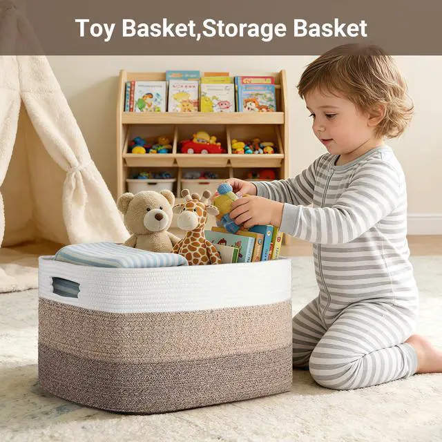 Alt view image 4 of 7 - 75L Large Woven Storage Basket, Cotton Rope Laundry Hamper with Handles, 22x17x12 Rectangle Blanket Basket for Toys, Clothes, Pillows, Nursery and Living Room, Gradient Brown/White