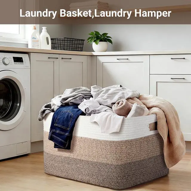 Alt view image 6 of 7 - 75L Large Woven Storage Basket, Cotton Rope Laundry Hamper with Handles, 22x17x12 Rectangle Blanket Basket for Toys, Clothes, Pillows, Nursery and Living Room, Gradient Brown/White