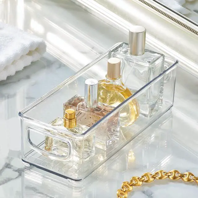 Alt view image 3 of 7 - Plastic Bathroom Storage Container Bins w/ Handles - Closet, Cabinet, Vanity, Cupboard Shelf Organization, Hair Tools Accessory Organizer - Ligne Collection; Clear, 10x4x3 (Pack of 1)