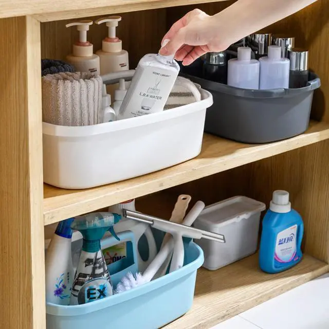 Alt view image 3 of 6 - Large Cleaning Supplies Caddy Portable Shower Basket Supply Organizer with Handle Plastic Bucket Tool Storage for Bathroom, Bedroom, Kitchen, College Dorm, Garden, White