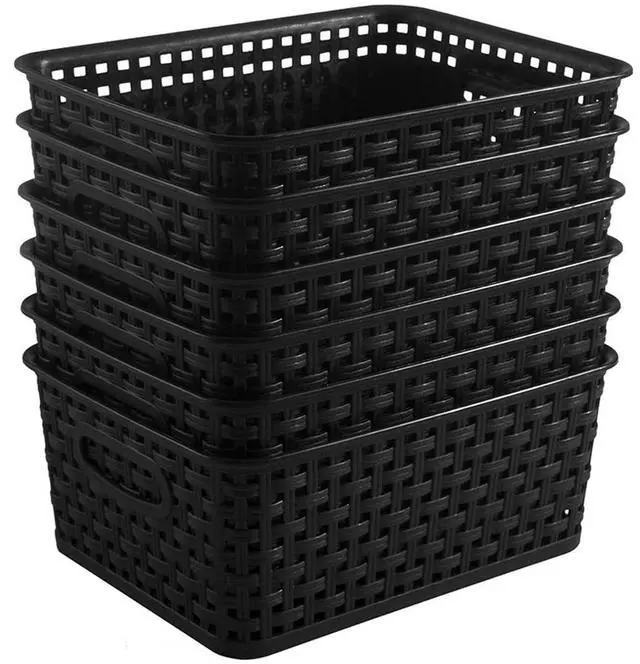 Main image of Black Plastic Woven Storage Baskets, 6-Pack Weave Basket Organizer for Kitchen Office Bathroom