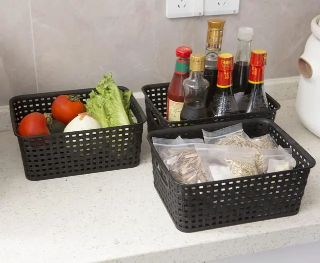 Alt view image 5 of 7 - Black Plastic Woven Storage Baskets, 6-Pack Weave Basket Organizer for Kitchen Office Bathroom