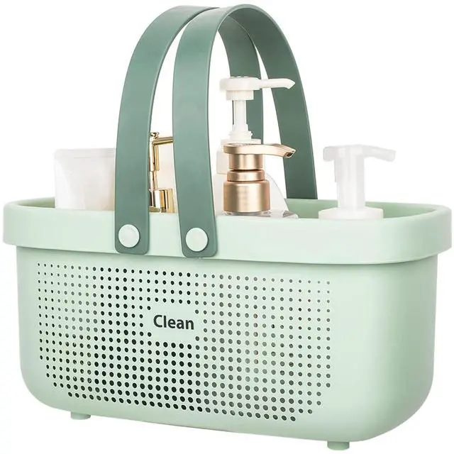 Main image of Plastic Storage Basket with Handle Portable Shower Caddy Tote Organizer Basket Bin for Bathroom Kitchen Dorm Room Bedroom, Green