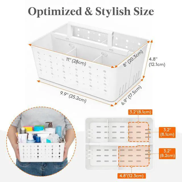 Alt view image 2 of 7 - Shower Caddy Portable, Caddy Organizer with Handle and Adjustable Dividers, Plastic Shower Basket for Dorm Room Essentials, College, Bathroom, White, 1 Pack