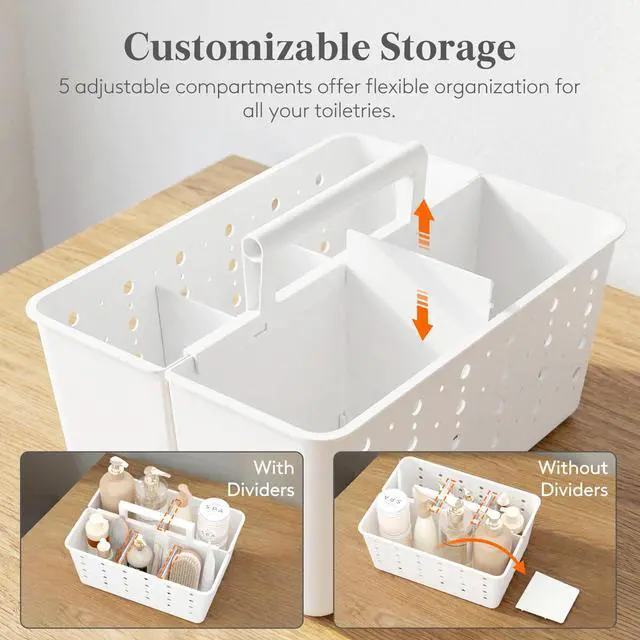 Alt view image 3 of 7 - Shower Caddy Portable, Caddy Organizer with Handle and Adjustable Dividers, Plastic Shower Basket for Dorm Room Essentials, College, Bathroom, White, 1 Pack