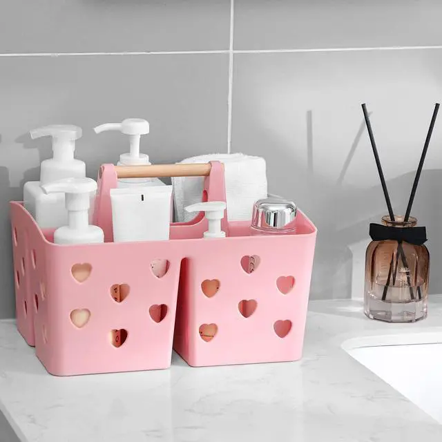 Alt view image 2 of 2 - Portable Shower Caddy Plastic Shower Basket Organizer Divided Bathroom Caddy Storage Cleanning Caddy Tote with Handle for College, Dorm Room, Kitchen, Pink