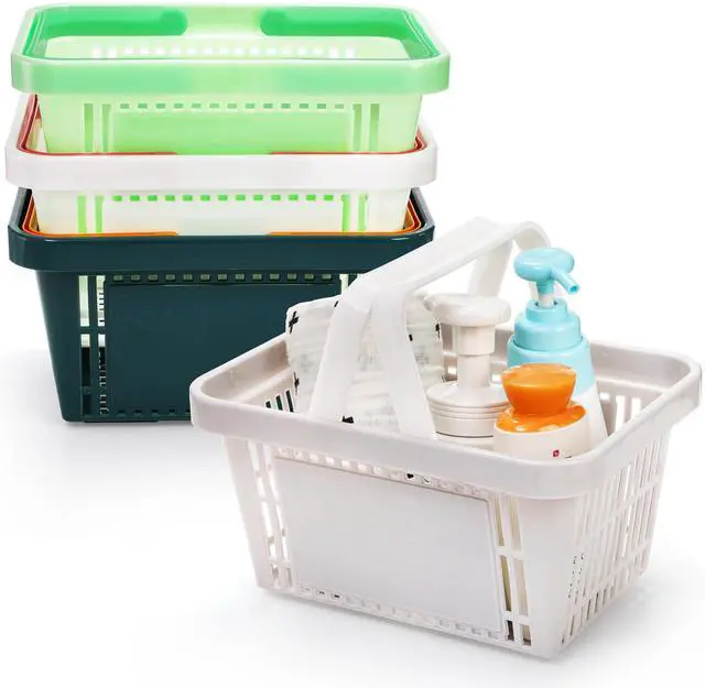 Main image of 4 Pack Portable Shower Caddy Basket, Small Plastic Shopping Baskets with Handle for Retail Store, Stackable Storage Basket Organizer Bin for Bathroom, Pantry, Kitchen