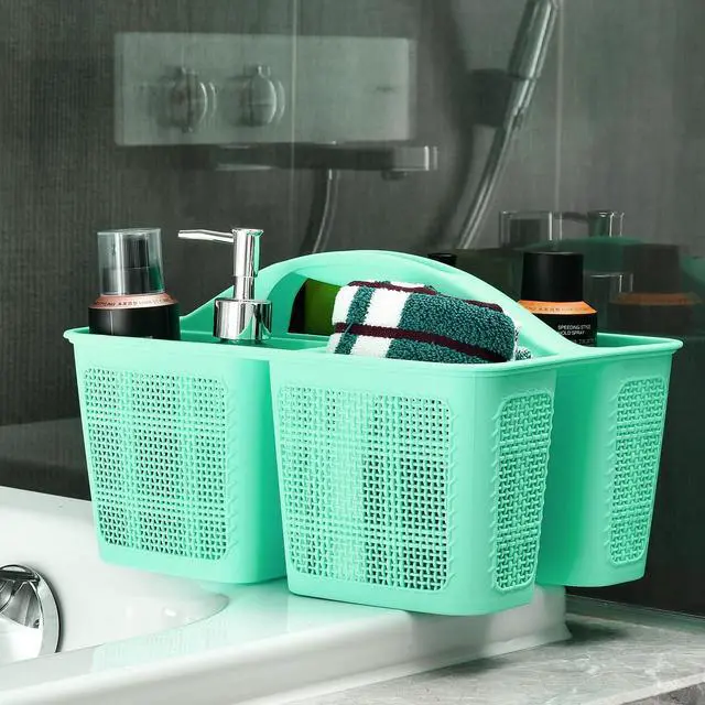 Alt view image 3 of 7 - Plastic Cyan Shower Caddy Basket, Divided Cleaning Portable Shower Basket with Handle Compartments Storage Organizer for Bathroom, College, Kitchen, Dorm Room Essentials