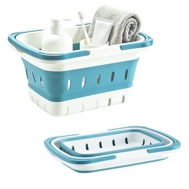 Alt view image 2 of 7 - Portable Folding Plastic Bath Caddy with Handle, Perforated, Travel Bathroom Organizer for Bedroom, Bathroom, Shower, Dorm Room, Camping and RV Use (Blue, 1 pack)