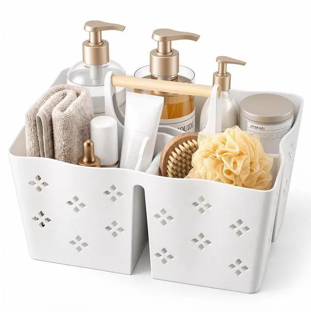 Main image of Plastic Shower Caddy Portable, Large Capacity Shower Basket with Handle, Divided Bathroom Toiletry Organizer, Quick-Drain Shower Caddy for College Dorm Beach Kitchen Essentials, White.