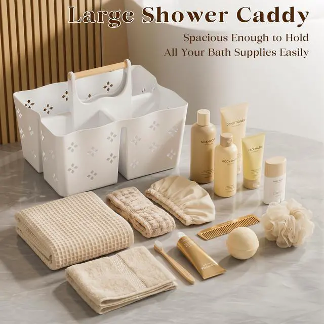 Alt view image 2 of 7 - Plastic Shower Caddy Portable, Large Capacity Shower Basket with Handle, Divided Bathroom Toiletry Organizer, Quick-Drain Shower Caddy for College Dorm Beach Kitchen Essentials, White.