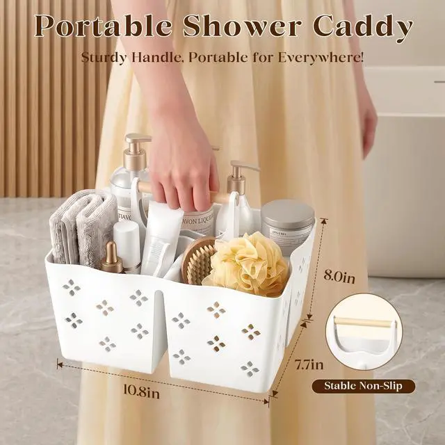 Alt view image 5 of 7 - Plastic Shower Caddy Portable, Large Capacity Shower Basket with Handle, Divided Bathroom Toiletry Organizer, Quick-Drain Shower Caddy for College Dorm Beach Kitchen Essentials, White.
