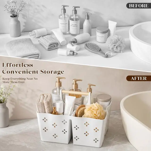 Alt view image 7 of 7 - Plastic Shower Caddy Portable, Large Capacity Shower Basket with Handle, Divided Bathroom Toiletry Organizer, Quick-Drain Shower Caddy for College Dorm Beach Kitchen Essentials, White.