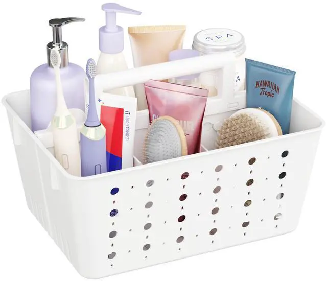 Main image of Shower Caddy Portable, Plastic Bathroom Organizer with Handle and Holes, Hard Cleaning Basket for Toiletry Storage, College Dorm Essentials, White, 1 Pack