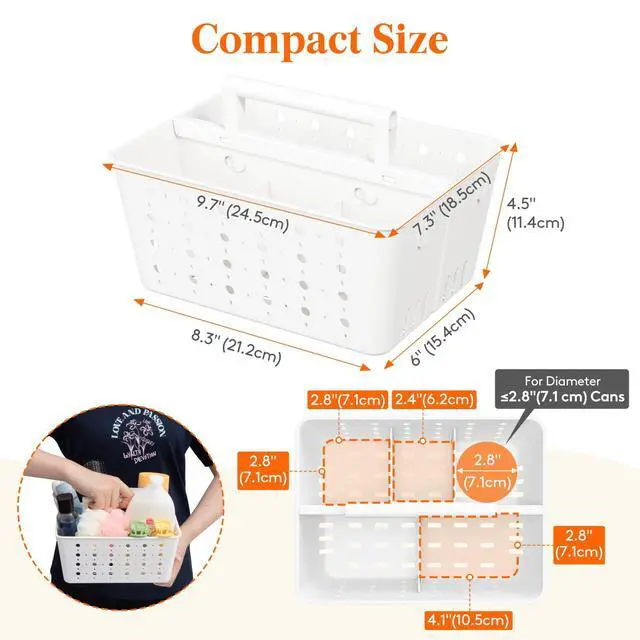 Alt view image 2 of 7 - Shower Caddy Portable, Plastic Bathroom Organizer with Handle and Holes, Hard Cleaning Basket for Toiletry Storage, College Dorm Essentials, White, 1 Pack