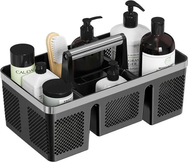 Main image of Plastic Shower Caddy Dorm: Portable Cleaning & Shower Caddy with Handle, 4 Divided Compartments, All-Side Drainage, Rigid Plastic Basket Tote for College Dorm & Bathroom Use, Black/Silver