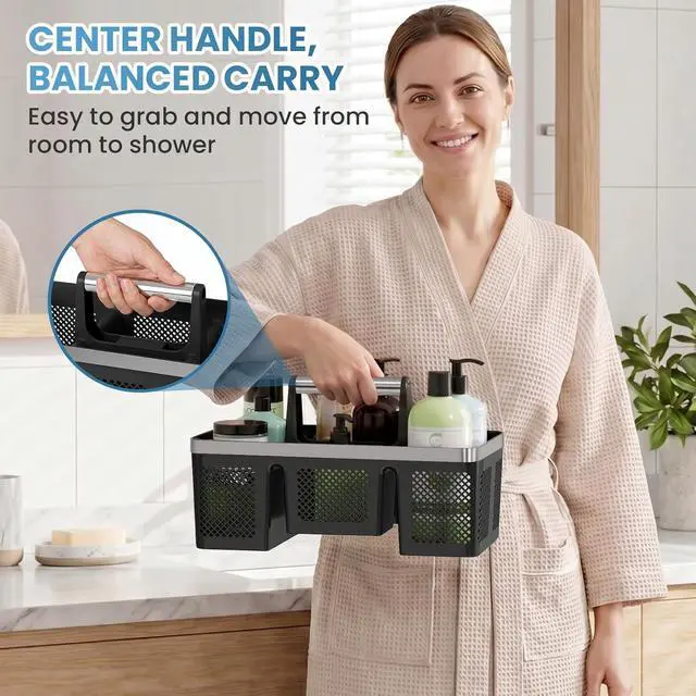 Alt view image 4 of 7 - Plastic Shower Caddy Dorm: Portable Cleaning & Shower Caddy with Handle, 4 Divided Compartments, All-Side Drainage, Rigid Plastic Basket Tote for College Dorm & Bathroom Use, Black/Silver
