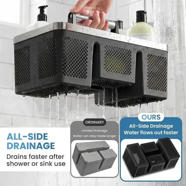 Alt view image 3 of 7 - Plastic Shower Caddy Dorm: Portable Cleaning & Shower Caddy with Handle, 4 Divided Compartments, All-Side Drainage, Rigid Plastic Basket Tote for College Dorm & Bathroom Use, Black/Silver