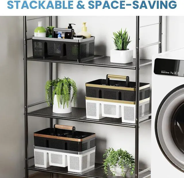 Alt view image 5 of 7 - Plastic Shower Caddy Dorm: Portable Cleaning & Shower Caddy with Handle, 4 Divided Compartments, All-Side Drainage, Rigid Plastic Basket Tote for College Dorm & Bathroom Use, Black/Silver