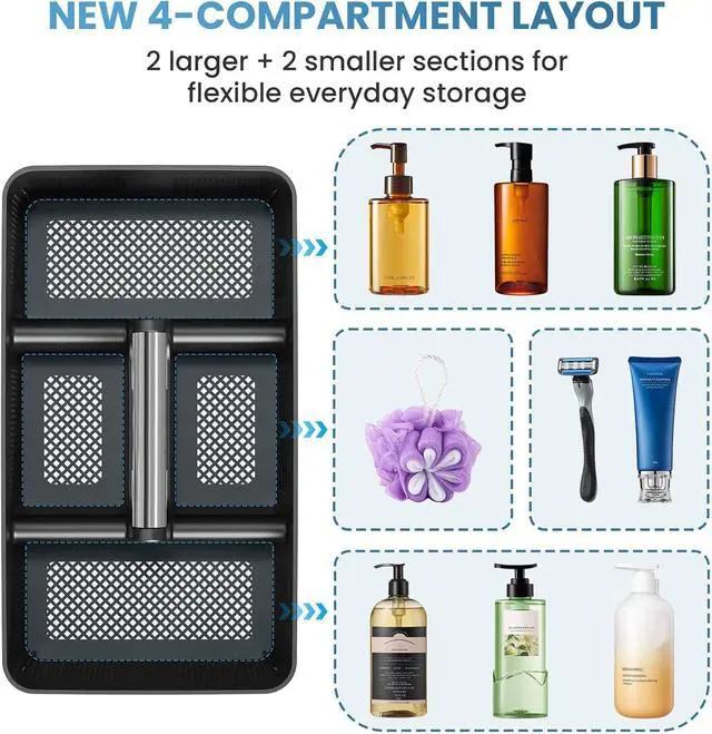 Alt view image 6 of 7 - Plastic Shower Caddy Dorm: Portable Cleaning & Shower Caddy with Handle, 4 Divided Compartments, All-Side Drainage, Rigid Plastic Basket Tote for College Dorm & Bathroom Use, Black/Silver