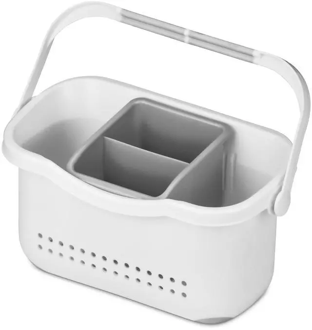 Main image of Small Shower Caddy, Anti-Slip 9x4 Bath and Beauty Plastic Organizer Basket with Detachable Compartment, Handle for Bathroom, Dorm, Toothbushes, Toothpaste, Soap, and Beauty Products.