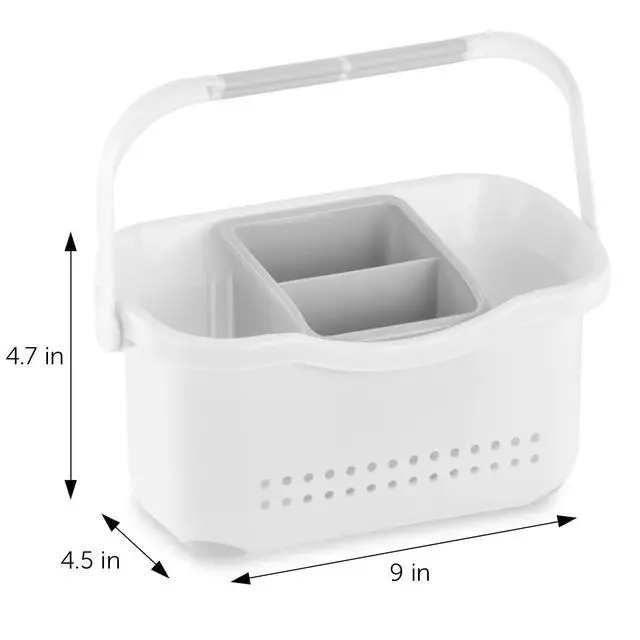 Alt view image 2 of 5 - Small Shower Caddy, Anti-Slip 9x4 Bath and Beauty Plastic Organizer Basket with Detachable Compartment, Handle for Bathroom, Dorm, Toothbushes, Toothpaste, Soap, and Beauty Products.