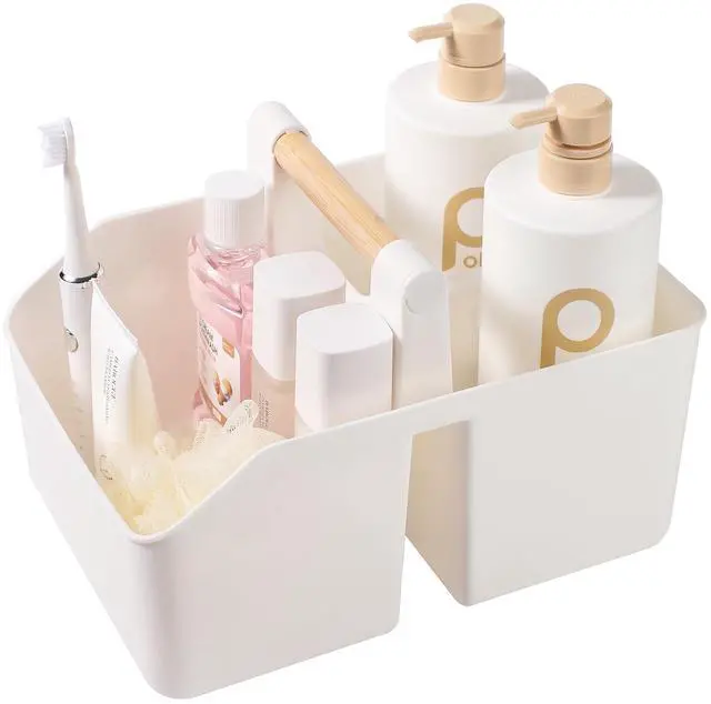 Main image of Portable Shower Caddy Basket with Bamboo Handle, Plastic Cleaning Caddy Bathroom Organizer Tote for College Dorm Essentials, Bath Toy Storage, White