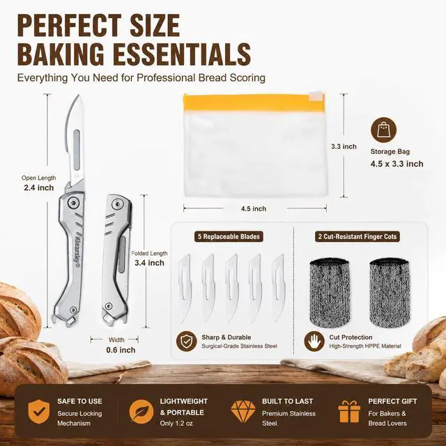 Alt view image 6 of 7 - Premium Bread Lame, Stainless Steel Sourdough Scoring Tool with Foldable Safe Design, Bread Dough Scoring Knife with 5 Replacement Blades