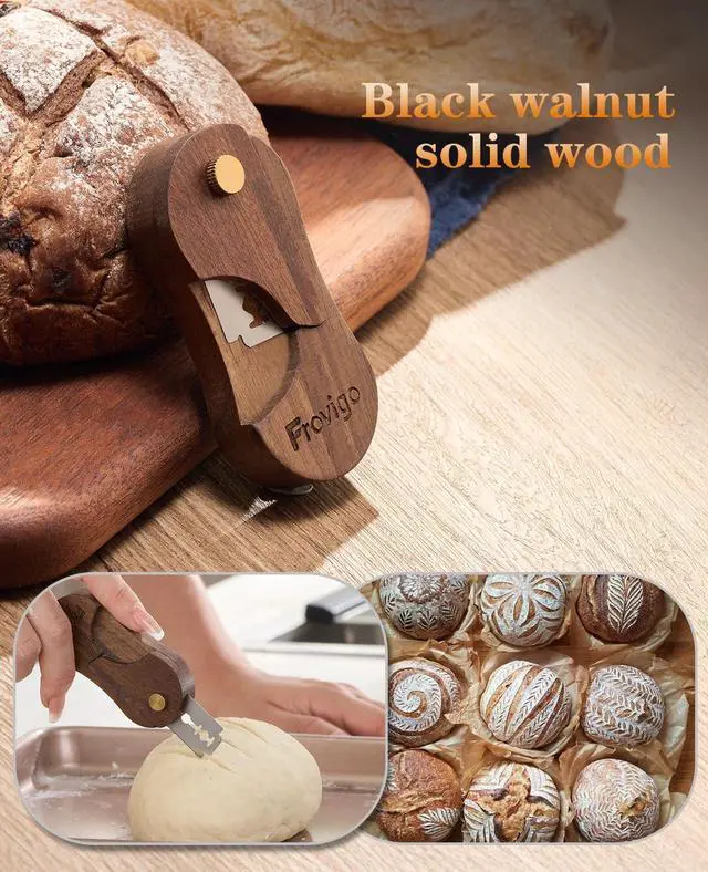 Alt view image 6 of 7 - Bread Lame, Scoring Tool for Sourdough with 5 Retractable Razor Blades, Professional Dough Scorer with Magnetic Safety Design, Bread Slashing Tool, Sourdough Knife Supplies for Baking (Walnut)