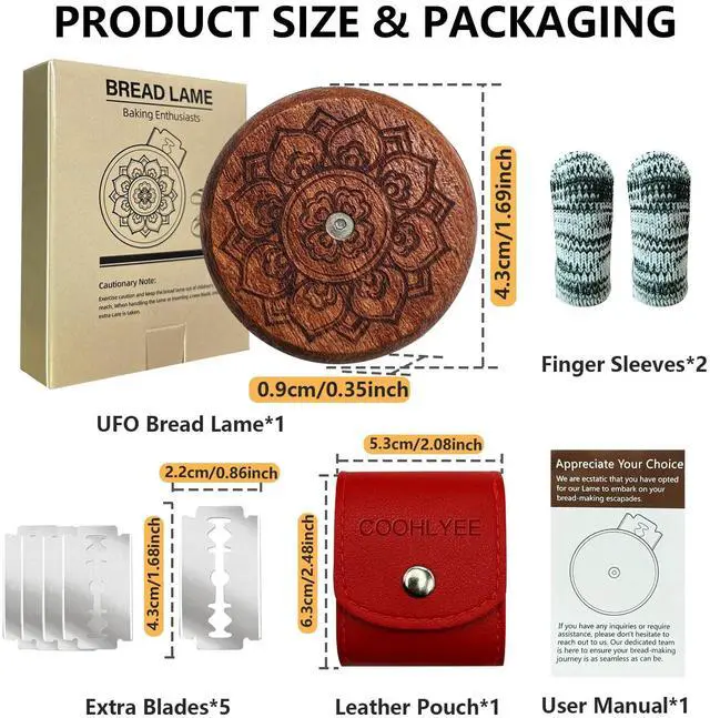 Alt view image 3 of 7 - Artisan UFO Bread Lame Cutter for Sourdough Bread Makers, Premium Wooden Sourdough Scoring Tool with CNC Engraved Design, 5 Bread Knife Blades & PU Storage Case for Homemake Lovers Gifts