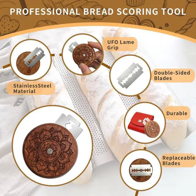 Alt view image 7 of 7 - Artisan UFO Bread Lame Cutter for Sourdough Bread Makers, Premium Wooden Sourdough Scoring Tool with CNC Engraved Design, 5 Bread Knife Blades & PU Storage Case for Homemake Lovers Gifts